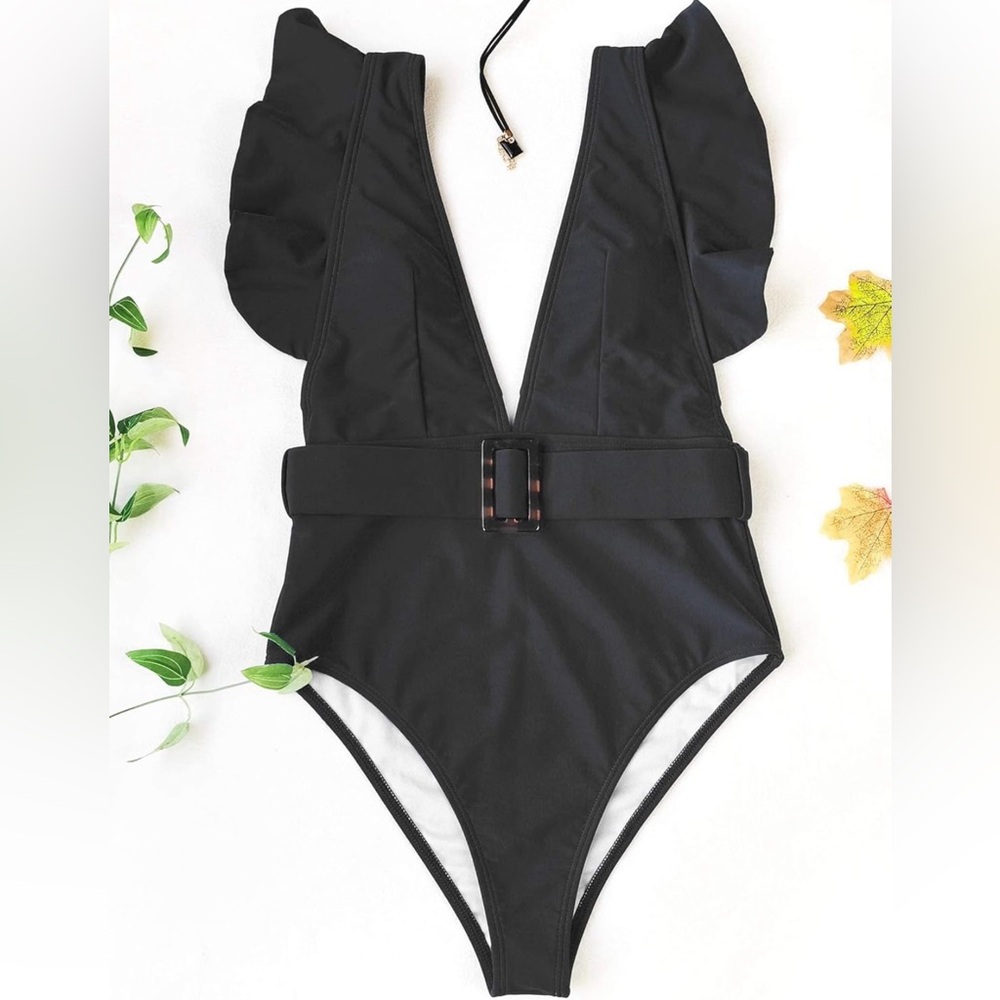 BRAND NEW! Size Medium Black Deep V Neck One Piece Bathing Suit